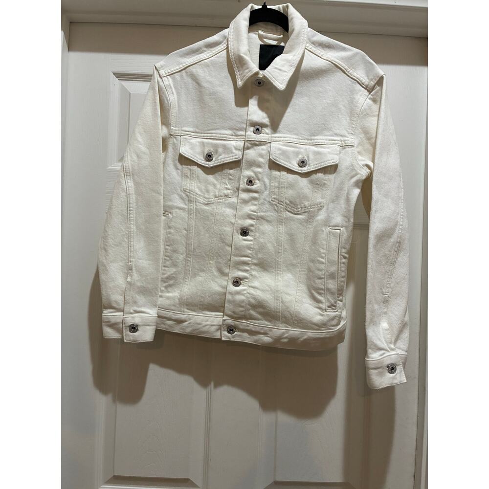 H&M Women's Off White Denim Jacket XS US Flag On Back Patriotic USA Trucker